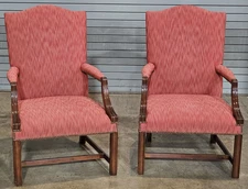 Pair of Baker Furniture Mahogany Open Arm Chairs Chippendale Style Red Fabric