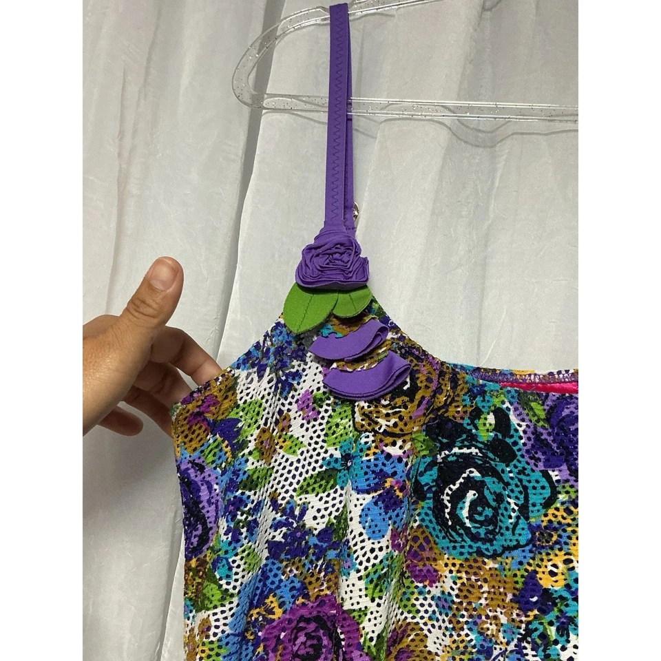 Antigo Vestido de Natação Betsey Johnson Floral Rosa Cobertura Pin Up Croquete Caprichoso M/G - Imagem 3 de 4