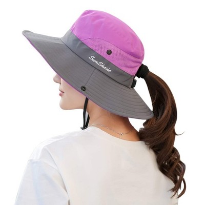 Womens Ponytail Sun Hat UV Protection Foldable Mesh Wide 