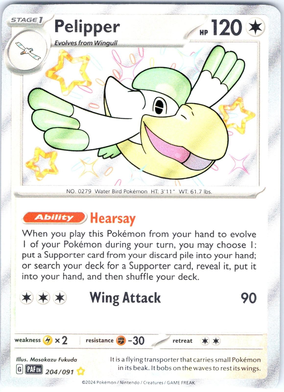 Pelipper 204/091 Shiny Rare Paldean Fates Pokemon Holo Near Mint
