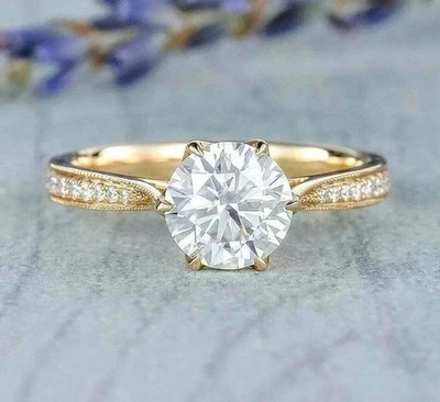 2.20Ct Round Cut Moissanite Solitaire Wedding Ring 14K Yellow Gold Plated Silver