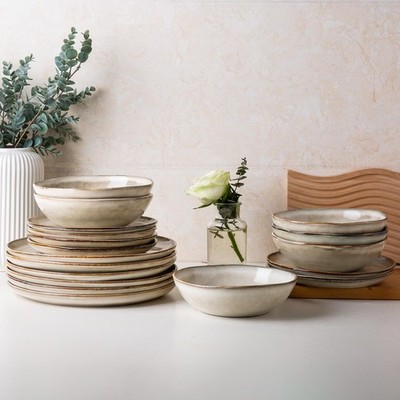 24-Piece Handmade Reactive Glaze Stoneware Dishes for 8 Home Dining Set