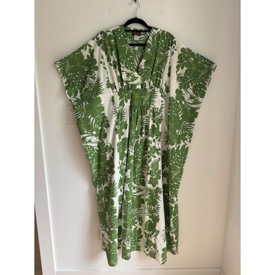 Tropical Eve Hawaii Kaftan Dress Green White Floral Hibiscus Maxi One Size USA