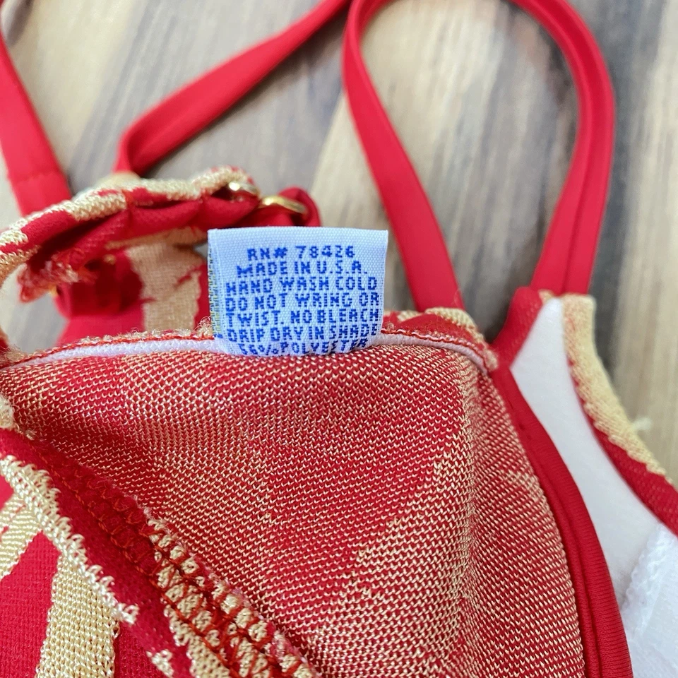 Traje de baño vintage Venus bikini top talla B copa rojo y dorado bambú floral retro años 90 Foto 4 de 4