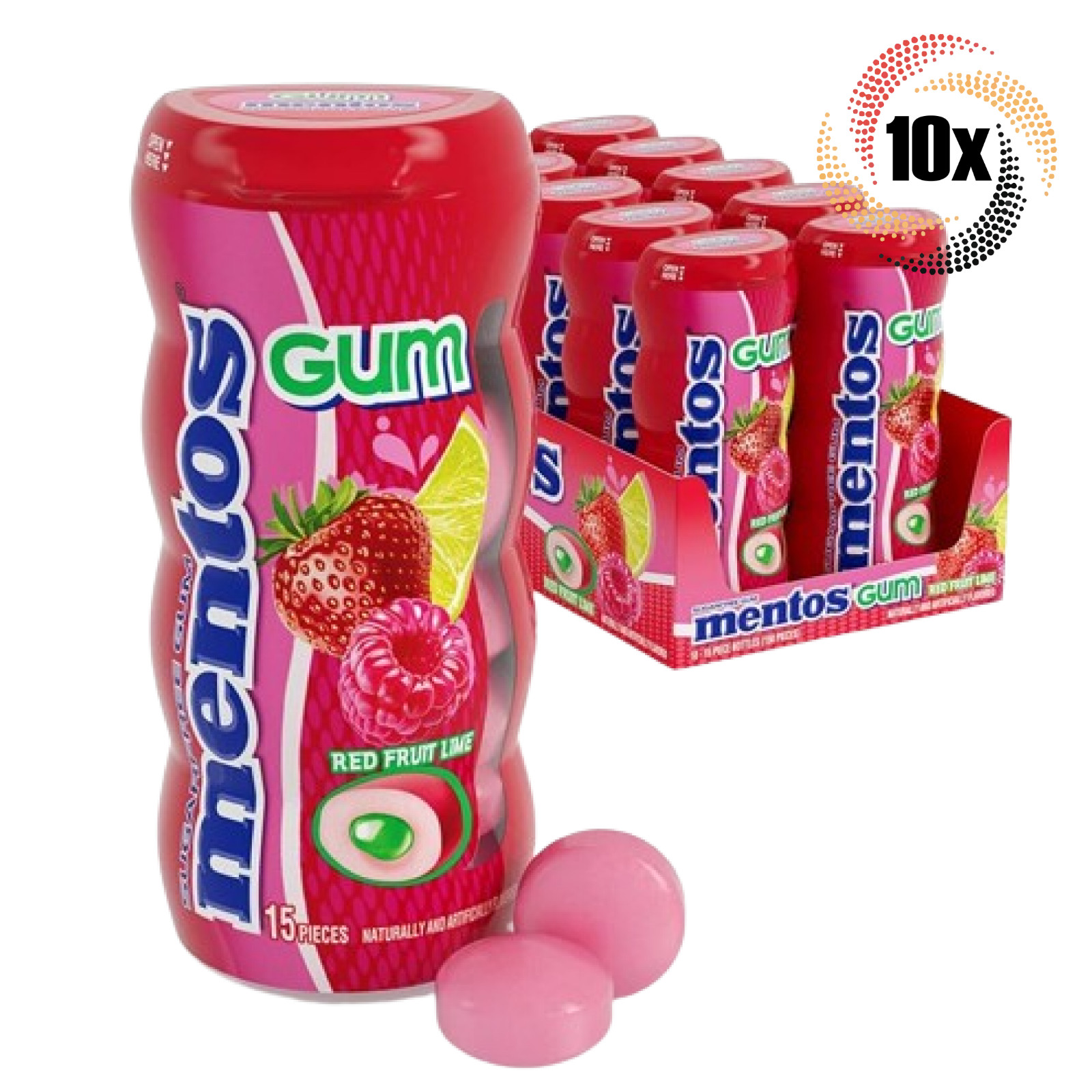 Полная коробка из 10 бутылок жевательной резинки Mentos Red Fruit со вкусом лайма по 15 штук в каждой 106 унции 6090₽