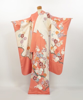 Kimono / Vintage Furisode Kimono with Plum Blossoms, Yuzen-Dyed Silk / 2506093