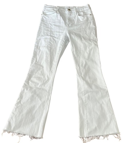 FRAME Denim Le High Flare Cropped Jeans •25• White Frayed Raw Hem Ankle Blanc - Picture 3 of 9