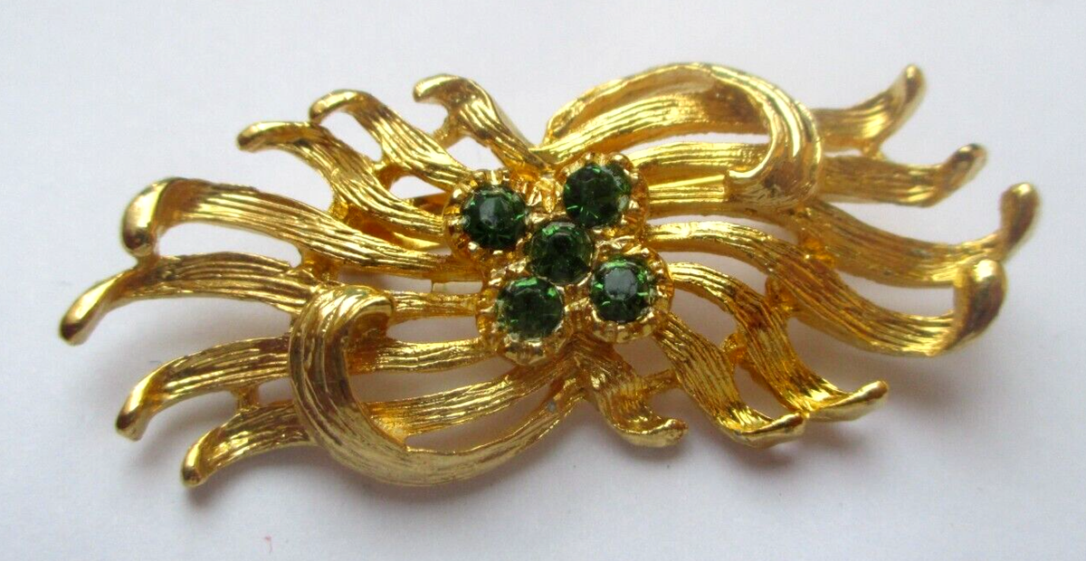 Belle Broche Vintage Argentée Avec Cristaux émeraude - Bijou Ancien élégant - Parfait état
