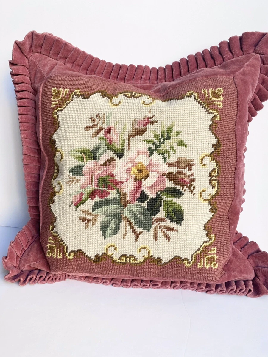 Vintage Needlepoint Pillow Velvet Shabby Chic Rose Rosebud Floral Victorian