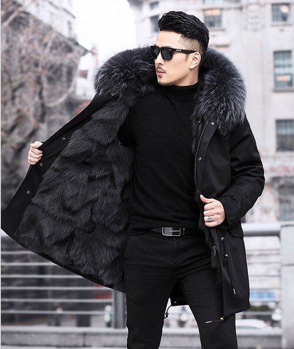 mens Faux mink fur lined long coat fur collar hooded Warm Winter parkas overcoat - Picture 38 of 40