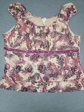 VENEZIA Women's Top 26/28 Beige Paisley Tank Rhinestones Beaded Round Neck Lined