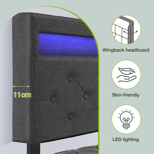 Double Bed Frame Bed Platform with LED Lights Upholstered Headboard 4 Storage - Picture 5 of 15