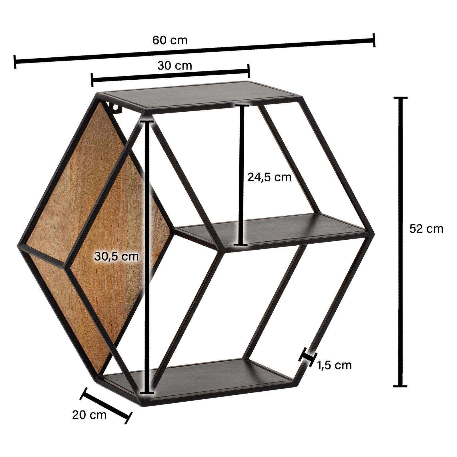 FineBuy Étagère Murale Bois Massif Métal 60x52x20 cm Étagère Suspendue