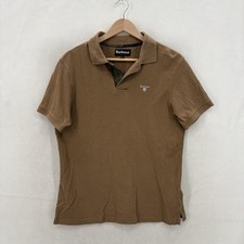 Barbour Polo Shirt Mens Medium Brown Cotton Pique Logo Short Sleeve Tartan Trim