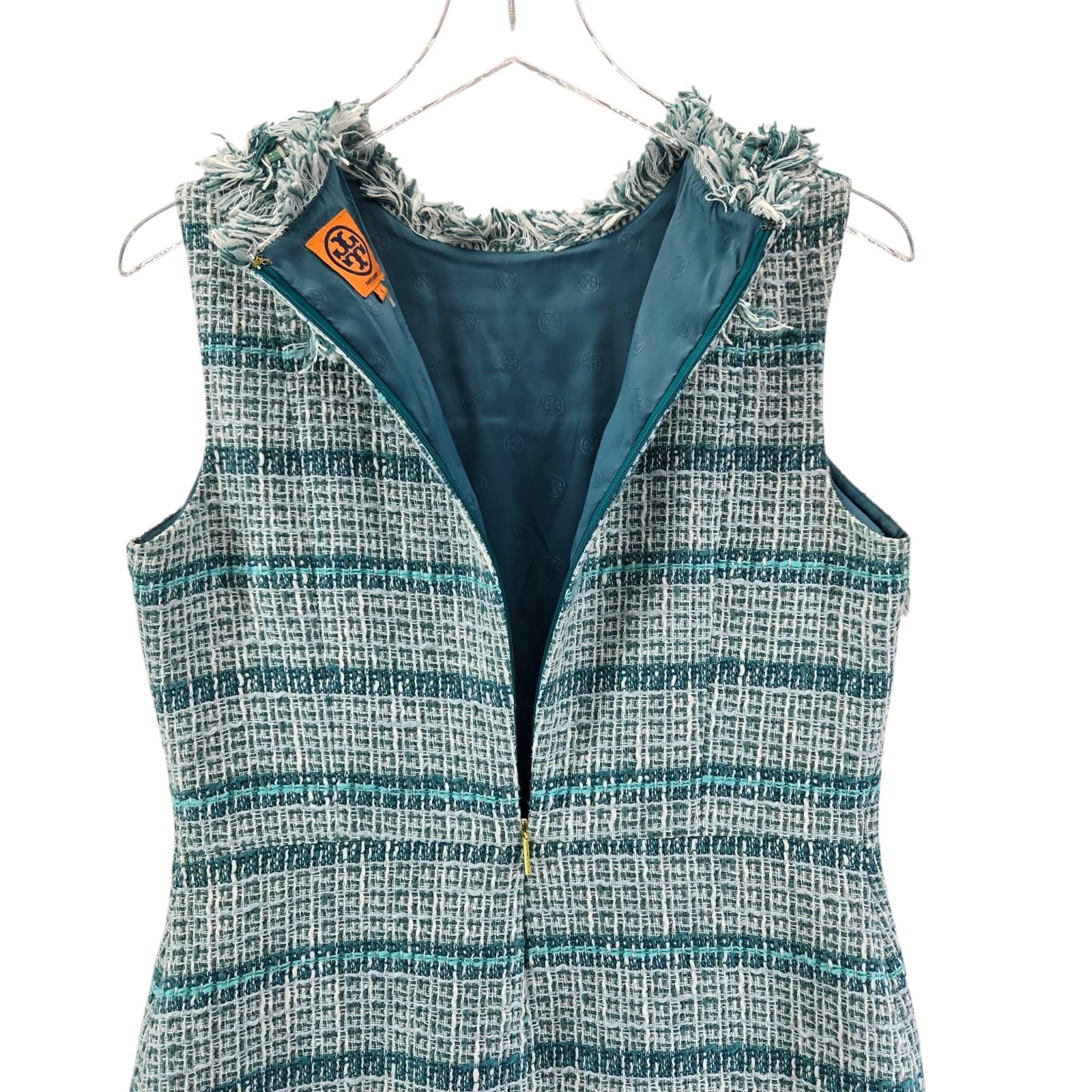 Abito donna Tory Burch 4 curtis tweed frange a tubino bianco acqua preppy oldey