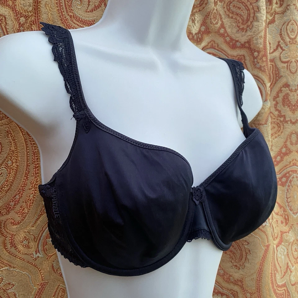 Sujetador vintage CHANTELLE 34D elegante camiseta con aros azul marino encaje 3016 RARO Foto 2 de 4