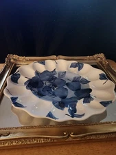Chaparral Pottery USA Deviled Egg Dish Platter Rare Apple pattern blue and white