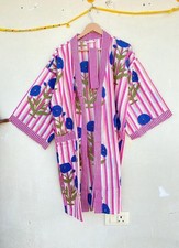 Handmade Pink Floral Cotton Robe Short Beachwear Kimono Nightwear Light Suit US