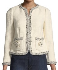 Rebecca Taylor Cream With Black Trim Tweed Cropped Coco Camellia Jacket Blazer