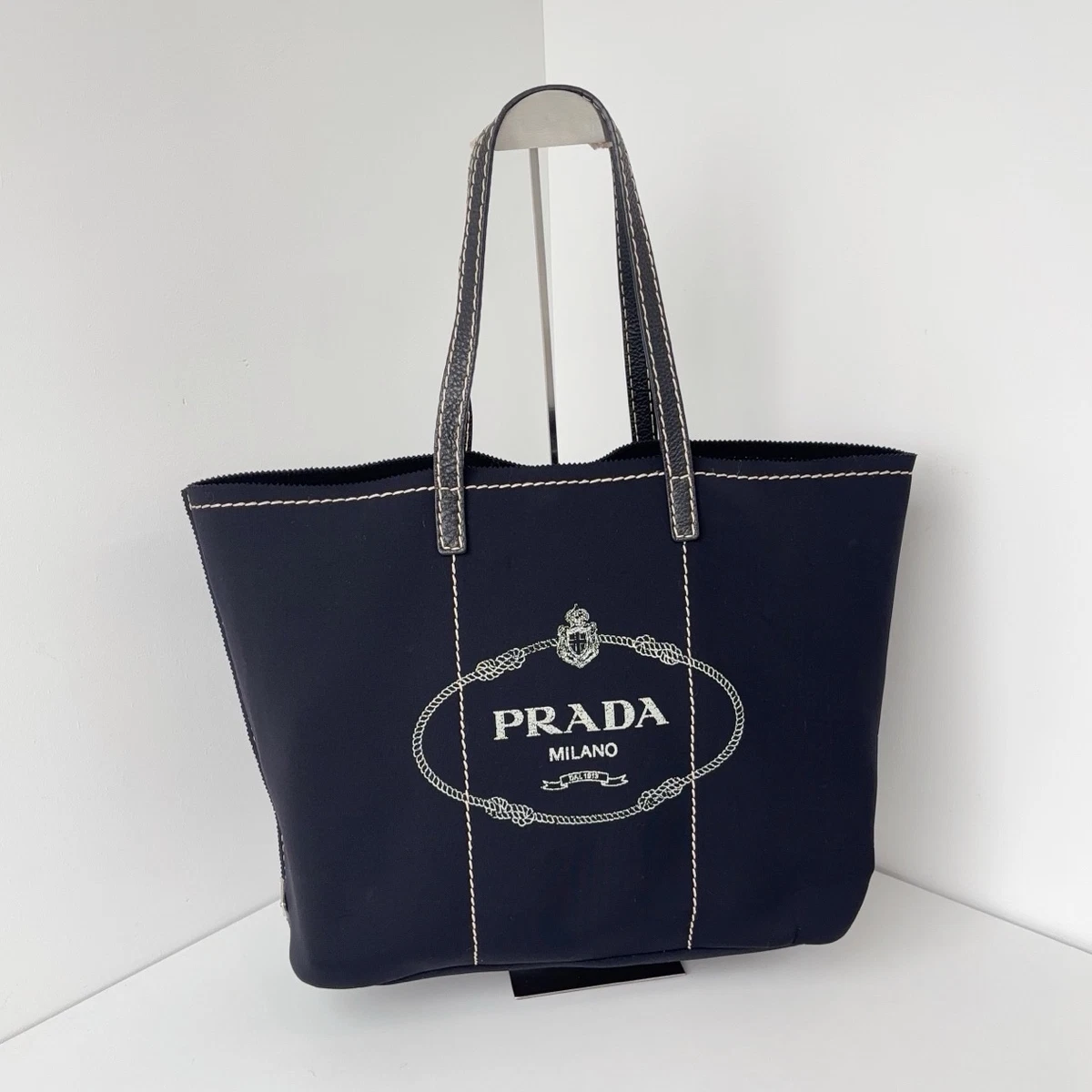 バッグ PRADA Navy Leather White Stitch Tote Bag PRADA Canapa Tote White Bags & Handbags for Women for sale | eBay