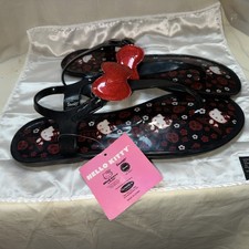Sz 10 Sanrio Hello Kitty black jelly sandal flip flop glitter bow floral New