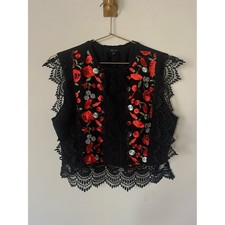 Go Fashion Black Lace Cotton camisole Boho grunge with Red Floral Embroidery L