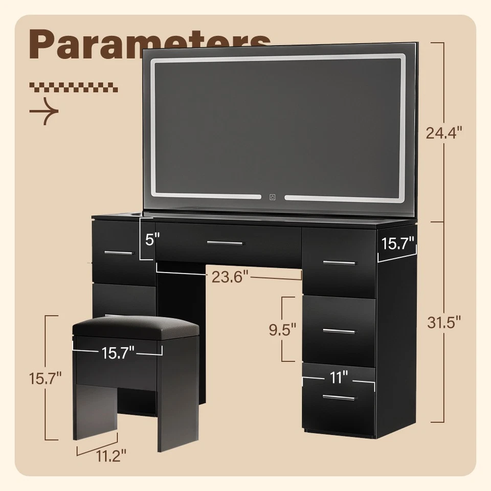 Juego de tocador de maquillaje negro de 46"" con espejo grande iluminado por LED y toma de corriente Foto 2 de 4