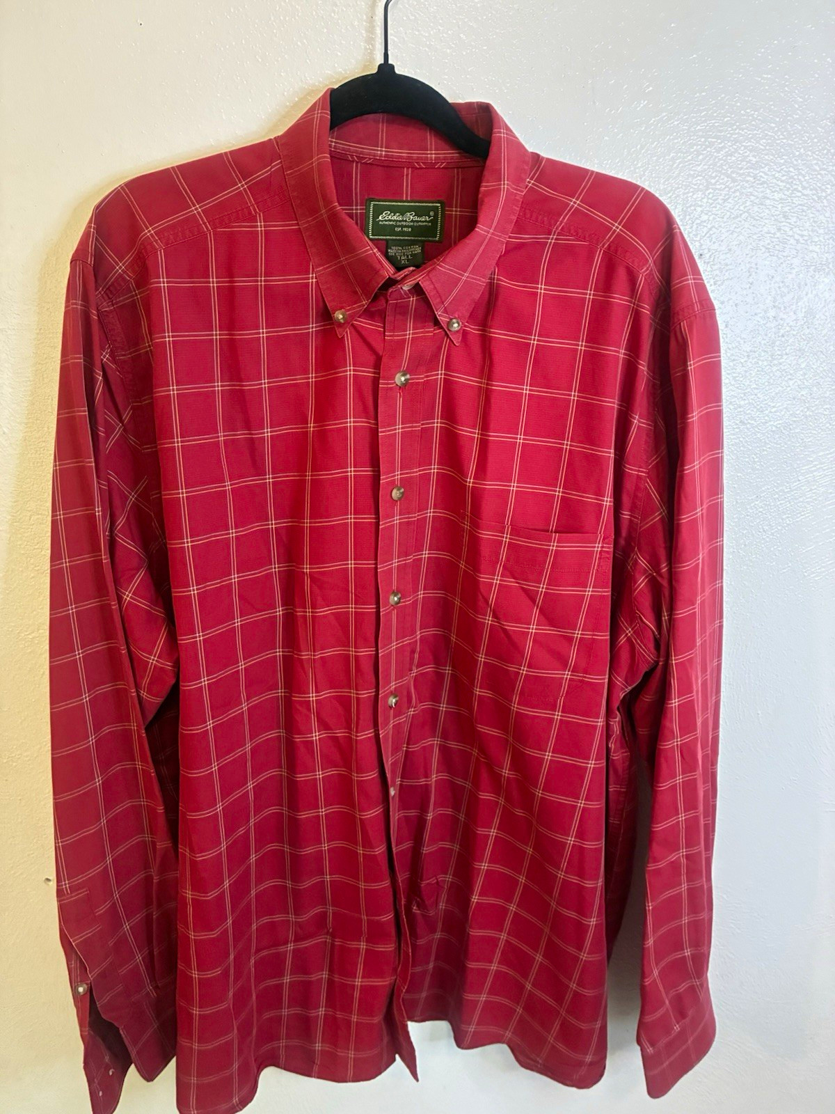 Eddie Bauer Men's Big 1X Big & Tall Red Plaid Cotton Button Down Shirt
