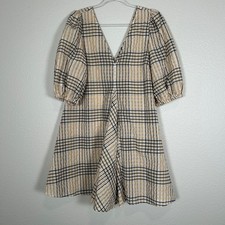 Ganni size 42 US L short dress seersucker tan plaid v-neck puff sleeve cotton
