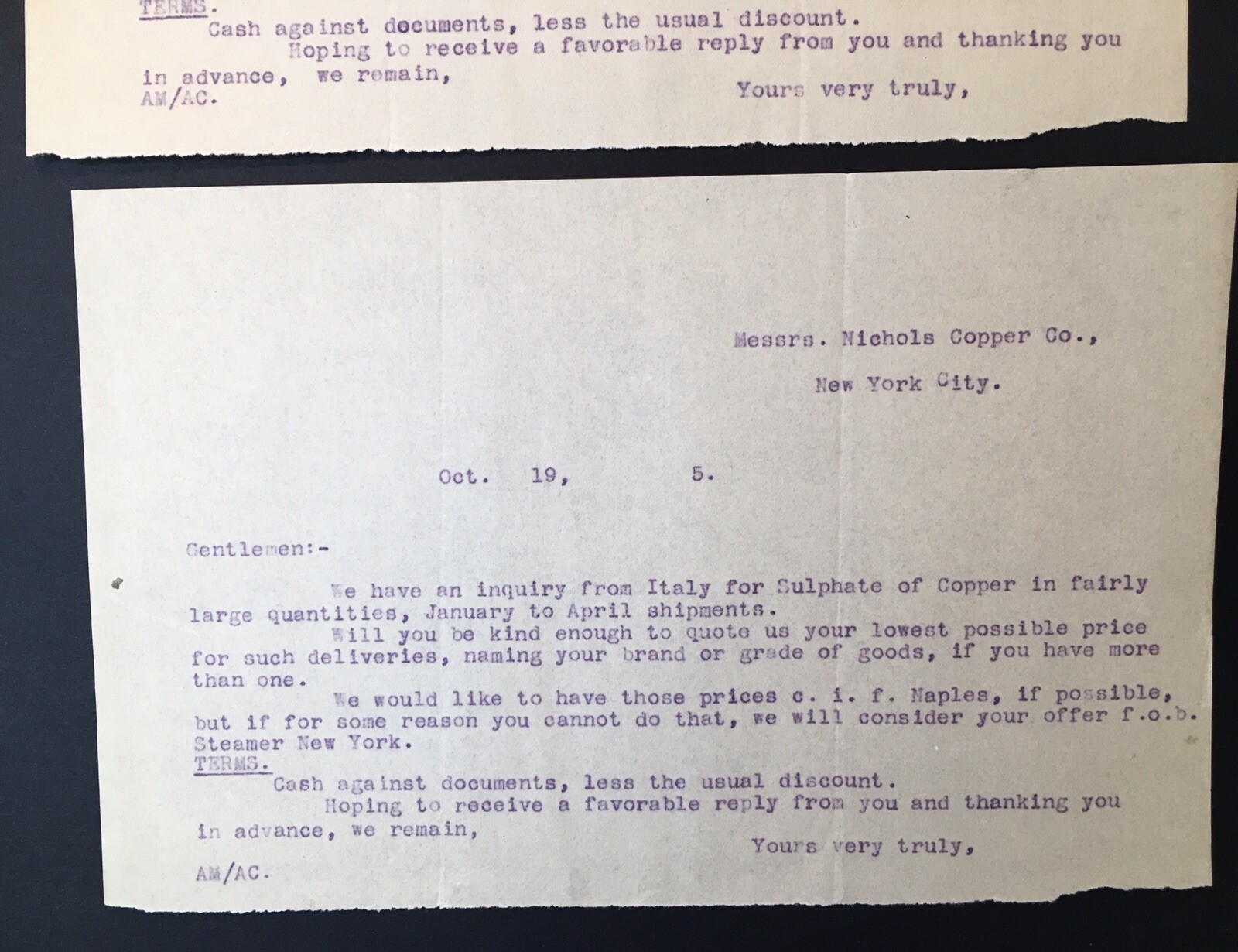 Fergusson Brothers & Nichols Copper Company c.1905 Business Inquiries Half Sheet