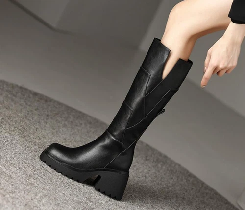 Mid Calf Boots Block Heel Round Toe Real Leather Womens Platform Side Zip Shoes - Bild 5 von 17