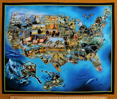 36'' X 44'' Panel United States of America Wildlife USA Map Cotton Fabric D576.33
