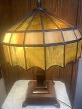 Large Vintage Leaded Stained Glass Lamp Walnut Base