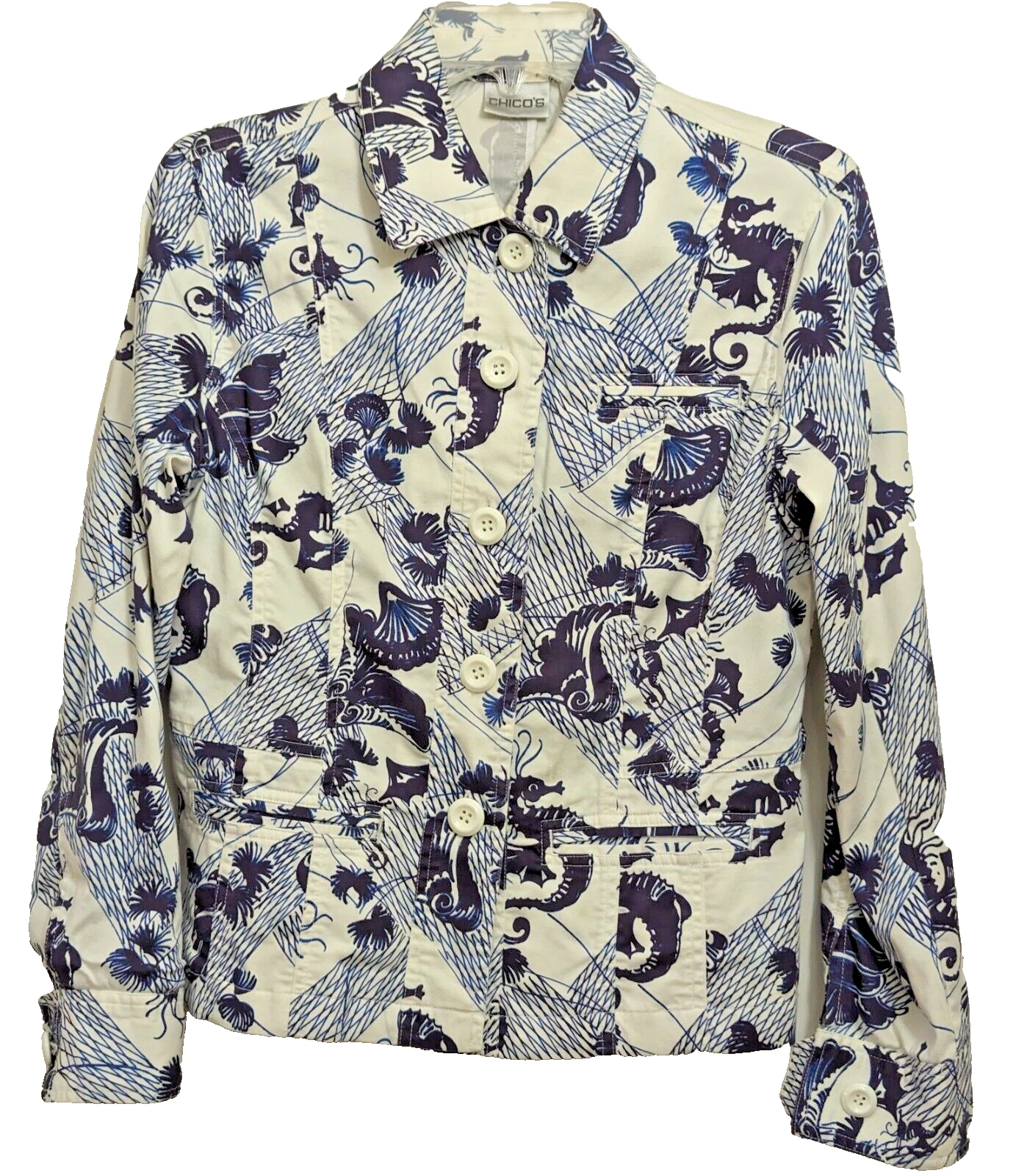 VETEMENTS Giacca Chico's taglia 0 US 4 6 cavalluccio marino nautico floreale cotone elasticizzato tasche vestibilità