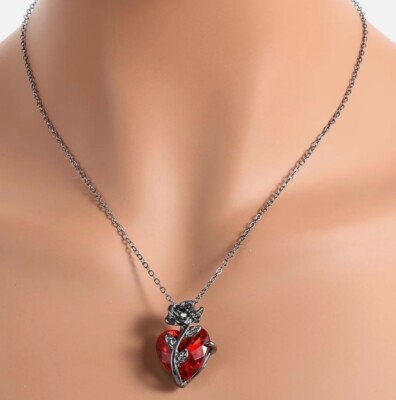 Gothic Rose Flower with Red Heart Stone Pendant Necklace - New
