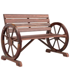Wagon Wheel Bench, Wooden Outdoor Garden Accent Chair Loveseat, Carbonized