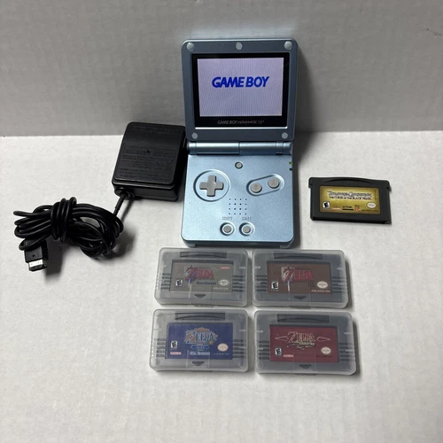 Nintendo Game Boy Advance SP AGS-001 Pearl Blue w/ 5 Games - Tested, Look, Look