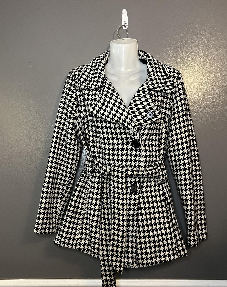 Jou Jou Trench Coat Womens Large Black White Houndstooth Belted