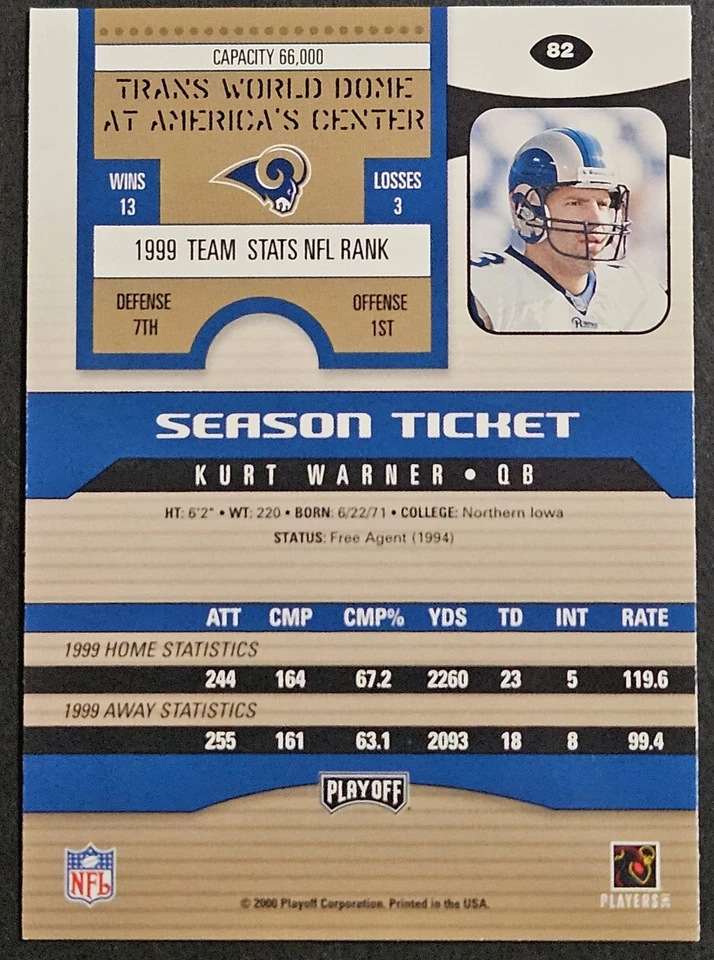 2000 Playoff Contenders Season Ticket #82 Kurt Warner St. Louis Rams HOF - Image 2 of 2