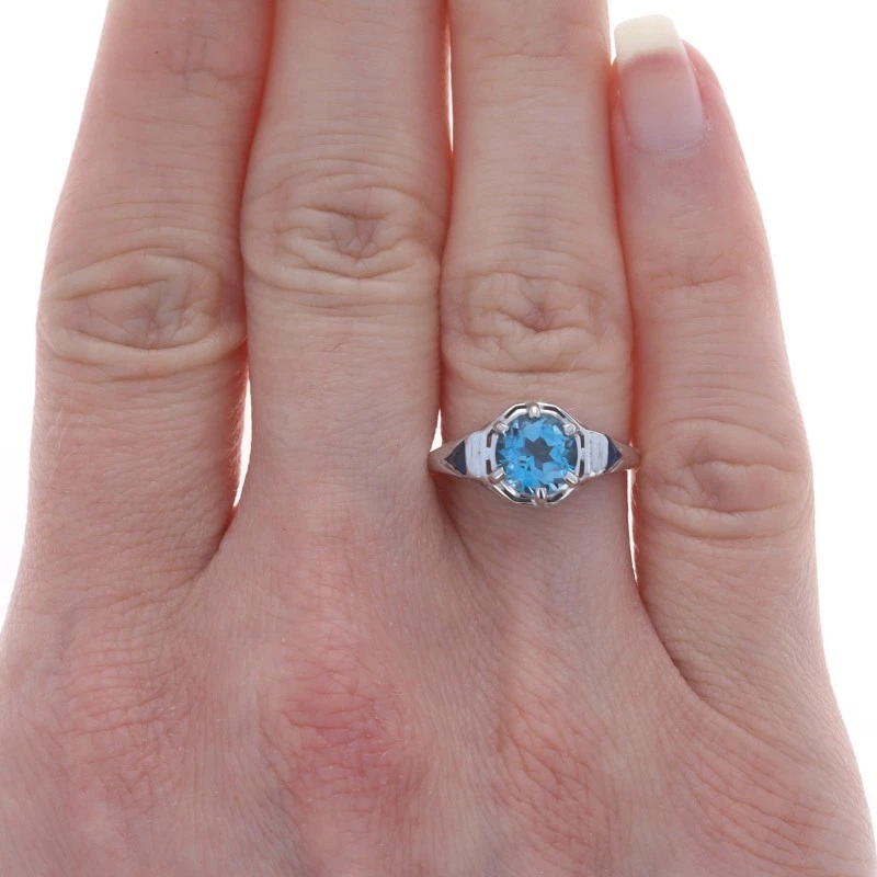 Anillo Art Deco Oro Blanco Topacio Azul y Zafiro Creado en Laboratorio - 14k 1.55ct De Colección Foto 2 de 4