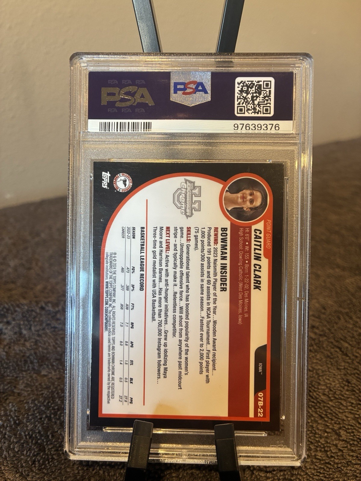 2023 Bowman U Chrome Caitlin Clark #07B-22 2007-08 PSA 10 Gem Mint view 2