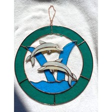 13" Circular Stained Glass Dolphin Sun Catcher Coastal Decor Suncatcher