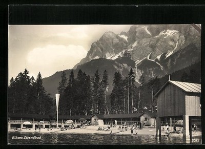Eibsee, Strandbad mit Hotel und Bergen, Ansichtskarte 