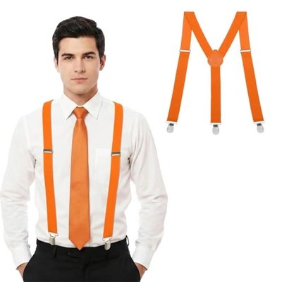 1 Inch Orange Suspenders for Men, Y Shape Suspender Set with 3 Strong Clips 
