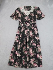 Vintage 80s 90s SL Fashions Dress Womens Size 10 Black Floral Lace Collar Midi