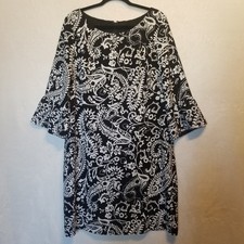 Talbots 16 Dress 3/4 Bell Sleeve Black White Paisley Knee Length Classic Preppy