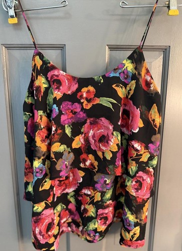 Paper Crane Spaghetti Strap Flowy Blouse Black w/ Vibrant Floral Pattern Size S
