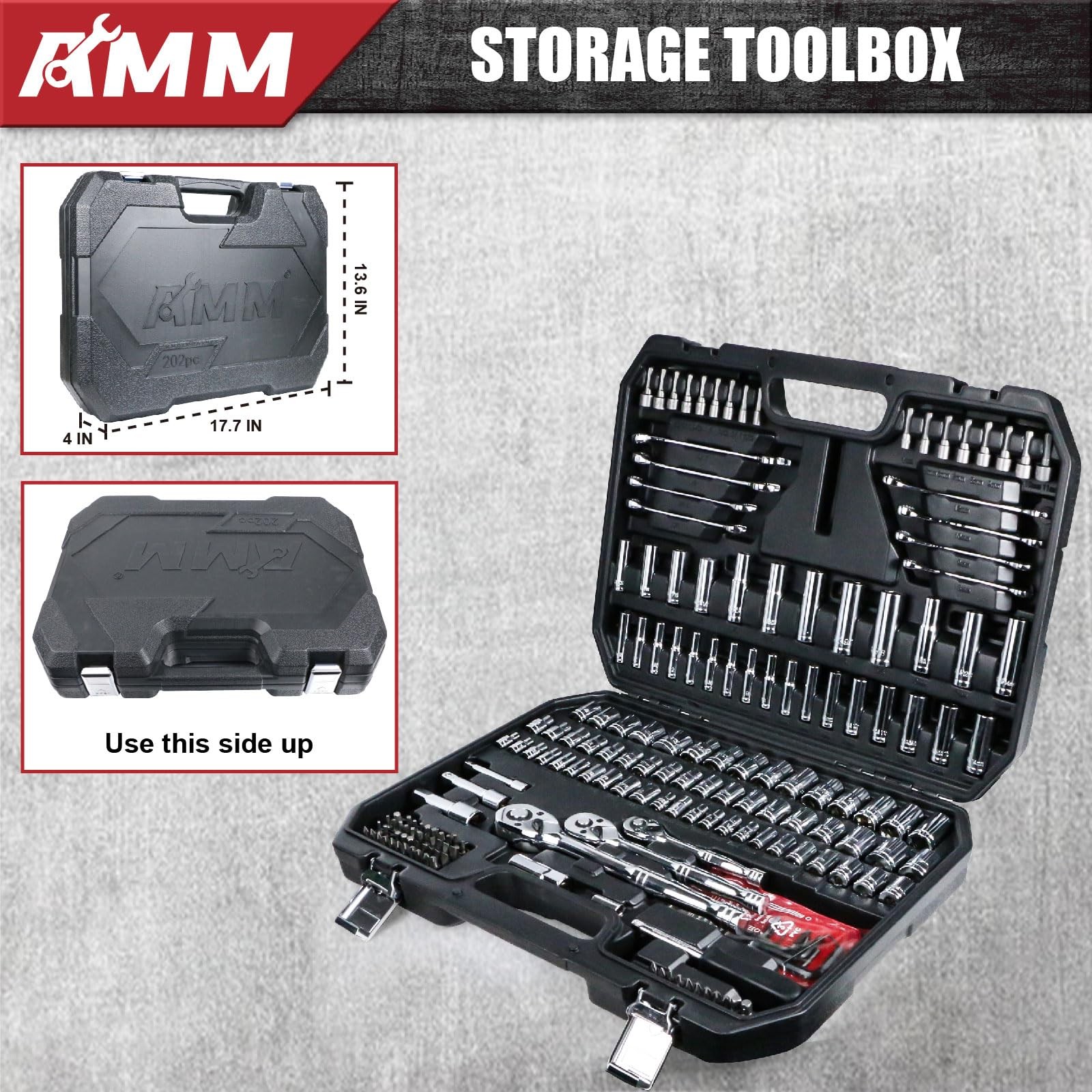 Mechanics Tool Set, 1/4 in, 3/8 in and 1/2 in Drive socket set, 202 Piece