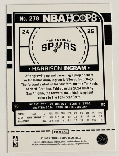 2024-25 Panini Nba Hoops - Rookies Harrison Ingram #278 Winter (RC) - Picture 2 of 2