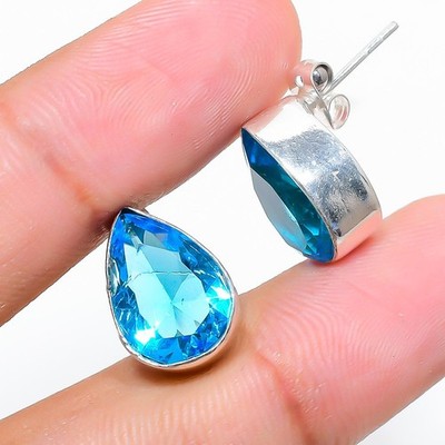 Swiss Blue Topaz Gemstone 925 Sterling Silver Jewelry Stud Earring Size 0.75''